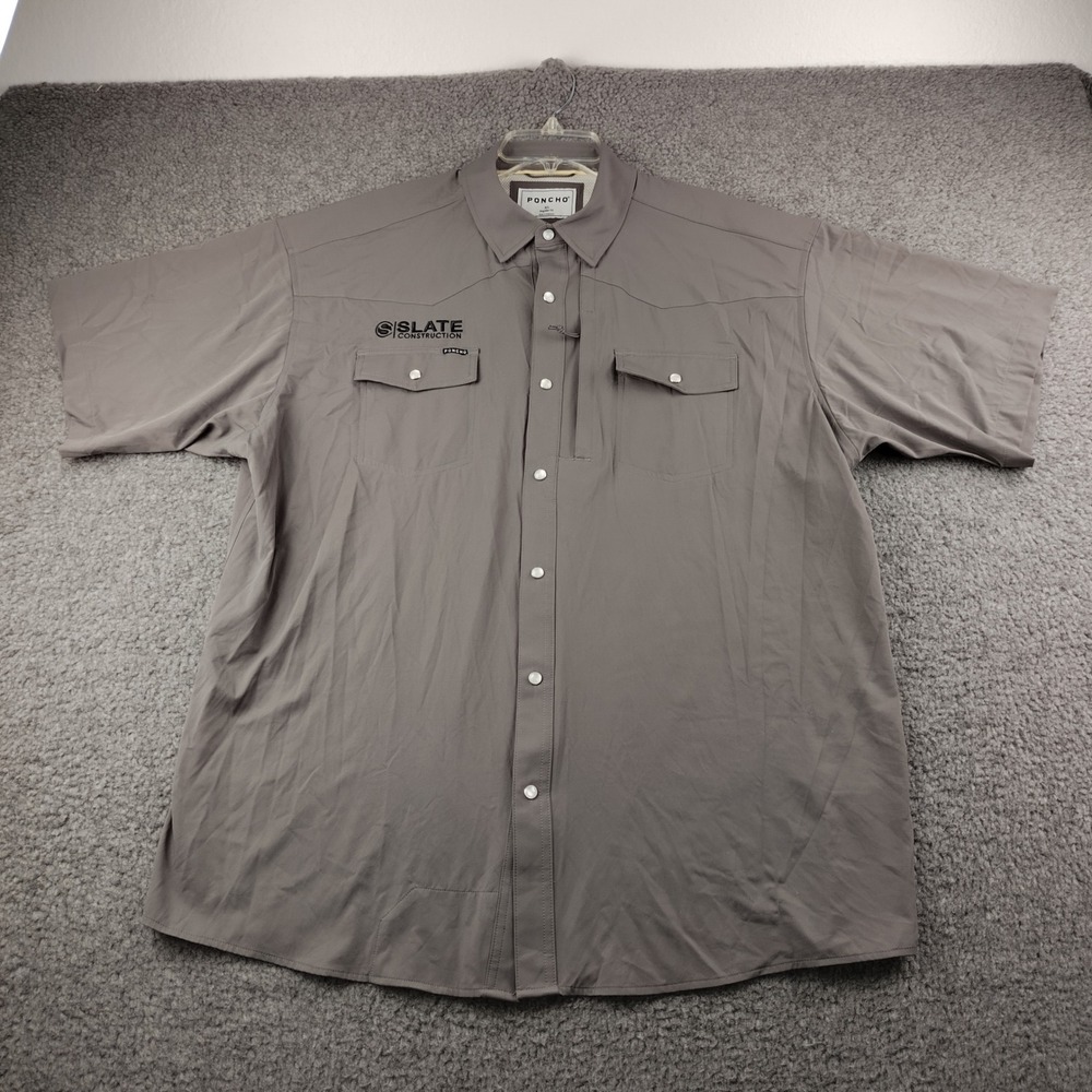 Poncho Outdoors Mens XL Gray Short Sleeve Snap Front Fishing Shirt Embroidered